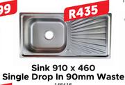 Sink 910 x 460 Single Drop In 90mm Waste