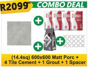 Matt Porc Tiles (14.4Sq) 600 x 600 + 4 Tile Cement + 1 Grout + 1 Spacer-Per Combo Deal