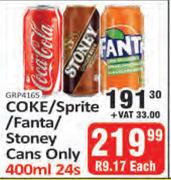Coke/Sprite/Fanta/Stoney Cans Only-24 x 400ml