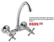 Triumph Kitchen Sink Mixer Tap Classico Wall Type Chrome H27.4cm Spout Reach 19.8cm