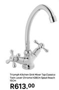 Trimph Kitchen Sink Mixer Tap Classico Twin Lever Chrome H28cm Spout Reach 15cm