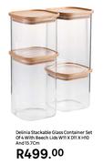 Delinia Stackable Glass Container Set Of 4 With Beech Lids W11 x D11 x H10 & 15.7cm