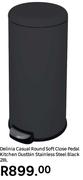 Delinia Casual Round Soft Close Pedal Kitchen Dustbin Stainless Steel Black 28L