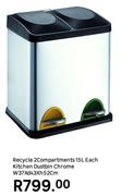 Kitchen Dustbin Chrome Recycle 2 Compartments 15L W37 x d43 x h52cm