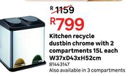 15Ltr Kitchen Recycle Dustbin (Chrome) With 2 Compartments W37 x D43 x H52cm 81443147