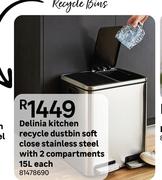 Delinia 15Ltr Kitchen Recycle Dustbin Soft Close (Stainless Steel) With 2 Compartments 81478690