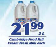 Cambridge Food Full Cream Fresh Milk-2L Each