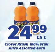 Clover Krush 100% Fruit Juice-1.5L Each