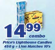 Price's Lighthouse Candles 450g + Lion Matches 10's Combo