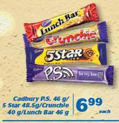 Cadbury P.S. 46g/5 Star 48.5g/Crunchie 40g/Lunch Bar 46g-Each