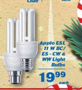 Applo ESL 11W BC/ES-CW & WW Light Bulbs-Each