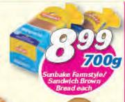 Sunbake Farmstyle/Sandwich Brown Bread-700g Each