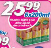 Rhodes 100% Fruit Juice Blend Assorted-6 x 200ml Each