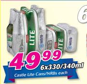 Castle Lite Cans/NRBs-6 x 330/340ml Each