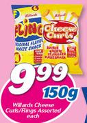 Willards Cheese Curls/Flings Assorted-150g Each