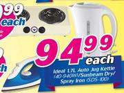 Ideal 1.7Ltr Auto Jug Kettle 40-940W/Sunbeam Dry/Spray Iron SDS-100-Each