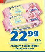 Johnson's Baby Wipes 72's-Each