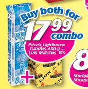 Price's Lighthouse Candles-400g + Lion Matches-10's Combo