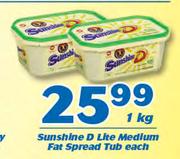 Sunshine D Lite Mediun Fat Spread Tub-1kg Each