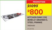 Kitchen Sink 2 SQ Bowls 1 Drainer S.Steel Franke-1160 x 460