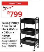 Rolling Trolley 3 Tier Metal Black W43cm x D30cm x H80cm 81476999