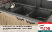 Delinia Double Kitchen Sink With Drainer Elbe Quartz/Resin Composite Black L116cm x W50cm 81456536