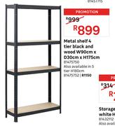 Metal Shelf 4 Tier Black & Wood W90cm x D30cm x H175cm 81475750