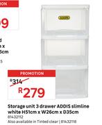 Addis Storage Unit 3 Drawer Slimline White H51cm x W26cm x D35cm 81432112