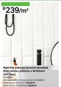 Wall Tile Subway Ceramic Bevelled Matt White L200mm x W100mm (1Sqm/Box) 81446891-Per Sqm