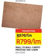Wall To Wall Carpet Prestige Tan 4.00m-Per M