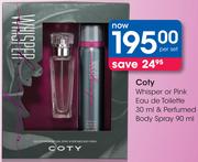 Coty Whisper Or Pink Eau De Toilette 30Ml& Perfumed Body Spray 90Ml-Per Set