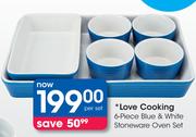 Love Cooking 6-Piece Blue & White Stoneware Oven Set-Per Set