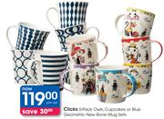 Clicks 6-Pack Owls, Cupcakes Or Blue Geometric New Bone Mug Sets-Per Set