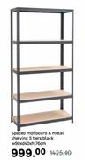 Spaceo MDF Board & Metal Shelving 5 Tiers Black-W90 x D40 x H176cm