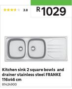 Kitchen Sink 2 Sqaure Bowls And Drainer Stainless Steel FRANKE-116 x 46cm