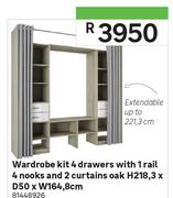 Wardrobe Kit White 4 Drawer With 1 Rail 4 Nooks And 2 Curtains Oak H218,3xD50 x W164,8cm