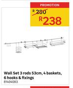 Wall Set 3 Rods 53cm, 4 Baskets, 6 Hooks & Fixings