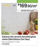 Subway Tile Ceramic Bevelled Gloss White 200 x 100mm-Per Sqm 