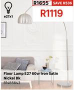 Inspire Floor Lamp E27 60W Iron Satin Nickel Blk 81485643