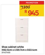 Shoe Cabinet (White) H 62.5cm x L 120.7cm x D 22.4cm