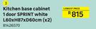 Sprint White Kichen Base Cabinet 1 Door L60 x H87 x D60