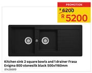Kitchen Sink 2 Square Bowls 1 Drainer Frasa Enigma 80D Stonesilk Black 500 x 1160mm