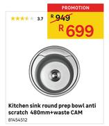 Kitchen Sink Round Prep Bowl Anti Scretch 480mm + Waste CAM