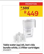 Table Water Jug 2.6L, bwt Vida Bundle White, x 3 Filter Cartridges