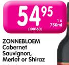 Zonnebloem Cabernet Sauvignon, Merlot or Shiraz-750ml