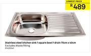 Stainless Steel Kitchen Sink 1 Square Bowl 1 Drain 75cm x 40cm