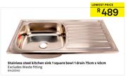 Stainless Kitchen Steel Kitchen Sink 1 Square Bowl 1 Drain 75cm x 40cm