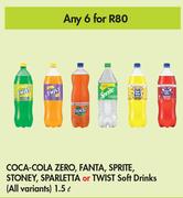 Coca-Cola Zero, Fanta,Sprite, Stoney, Sparletta Or Twist Soft Drinks 1.5Ltr -For Any 6