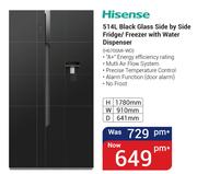 Hisense 514Ltr Black Glass Side By Side Fridge/Freezer With Water Dispenser H670SMI-WD