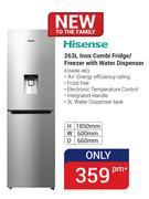 Hisense 263Ltr Inox Combi Fridge/Freezer With Water Dispenser H340BI-WD